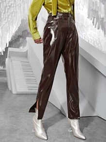 SHEINNeu 下擺開叉仿漆皮不附腰帶長褲 - 巧克力棕 - 查看 5