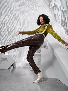 SHEINNeu 下擺開叉仿漆皮不附腰帶長褲 - 巧克力棕 - 查看 6