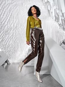 SHEINNeu 下擺開叉仿漆皮不附腰帶長褲 - 巧克力棕 - 查看 7