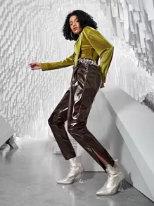 SHEINNeu 下擺開叉仿漆皮不附腰帶長褲 - 巧克力棕 - 查看 9