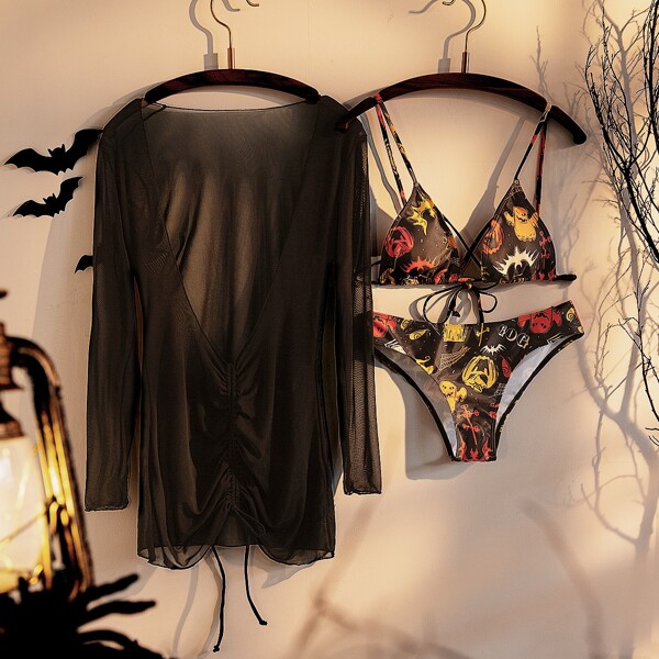 

3pack Halloween Print Micro Triangle Bikini Swimsuit & Cover Up, Multicolor