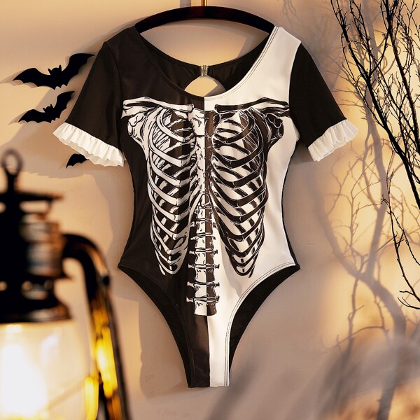 

Halloween Skeleton Print Colorblock One Piece Swimsuit, Multicolor