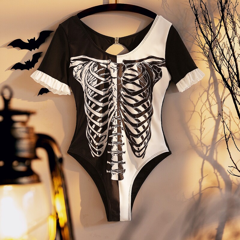 

Halloween Skeleton Print Colorblock One Piece Swimsuit, Multicolor
