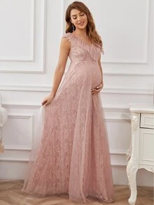 EVERPRETTY Maternidad Vestido ribete con fruncido con encaje floral - Rosa vieja - Ver 4