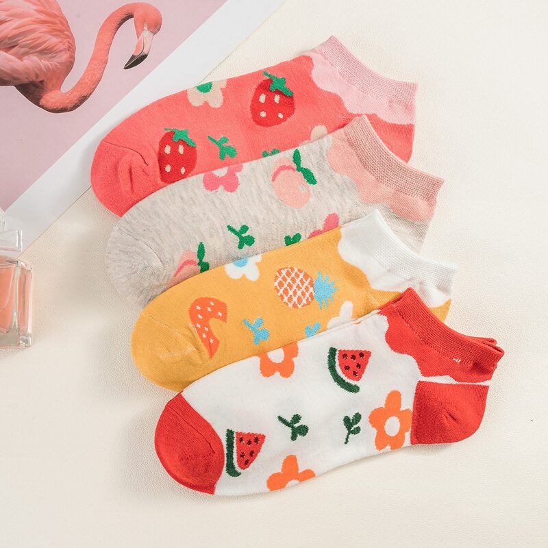 

4pairs Flower & Fruit Print Ankle Socks, Multicolor