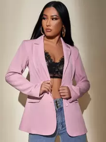 SHEIN PETITE Flap Detail Single Breasted Blazer - Lilac Purple - View 1