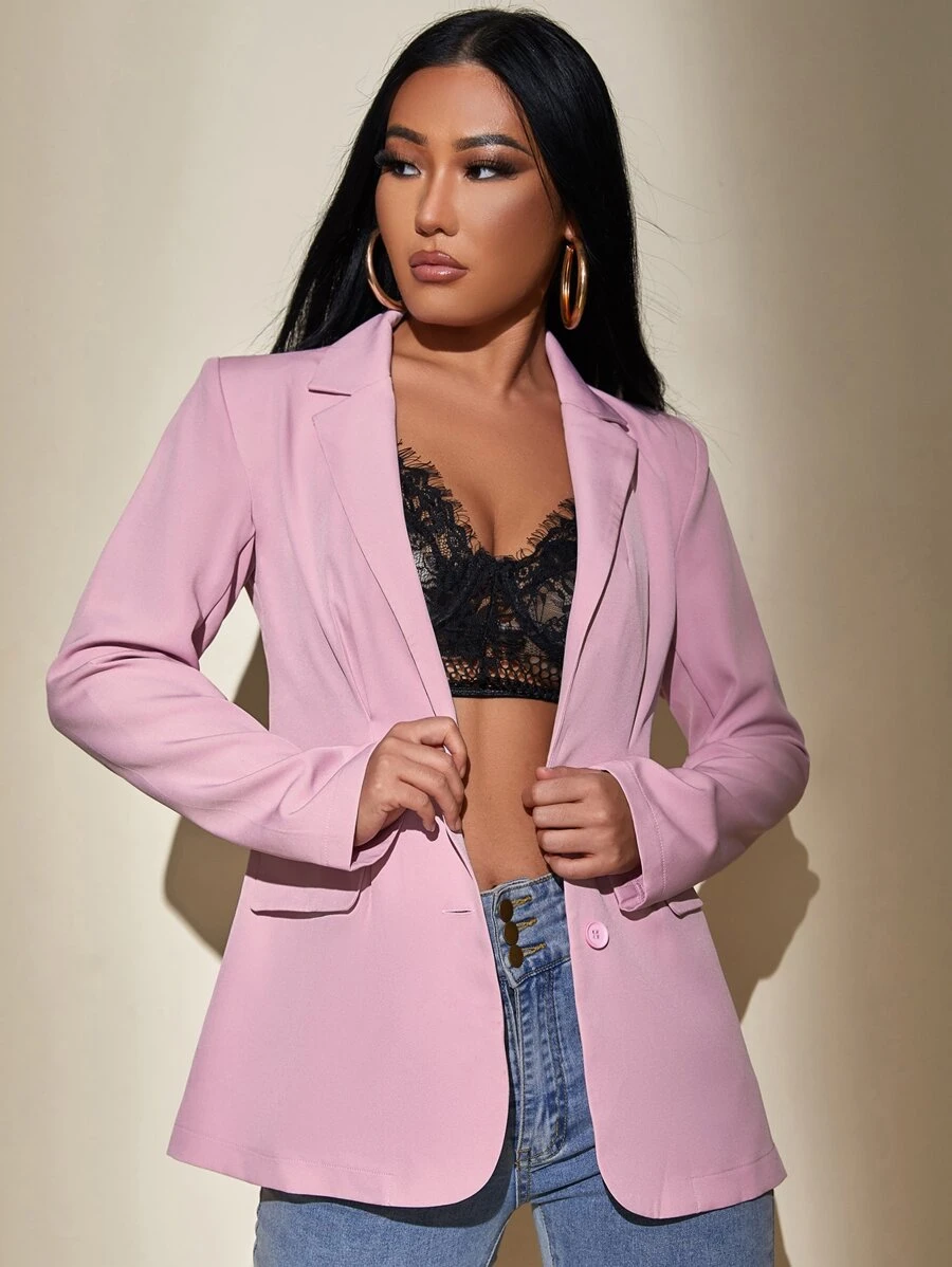 SHEIN PETITE Flap Detail Single Breasted Blazer - Lilac Purple - View 1