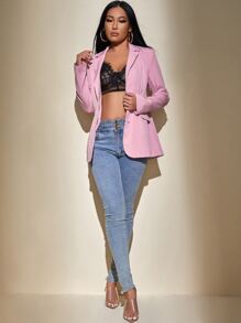 SHEIN PETITE Flap Detail Single Breasted Blazer - Lilac Purple - View 3