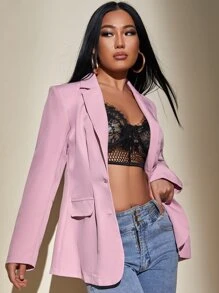 SHEIN PETITE Flap Detail Single Breasted Blazer - Lilac Purple - View 4