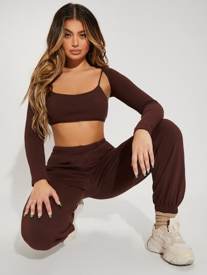 SHEIN Backless Crop Cami Top & Bolero & Sweatpants