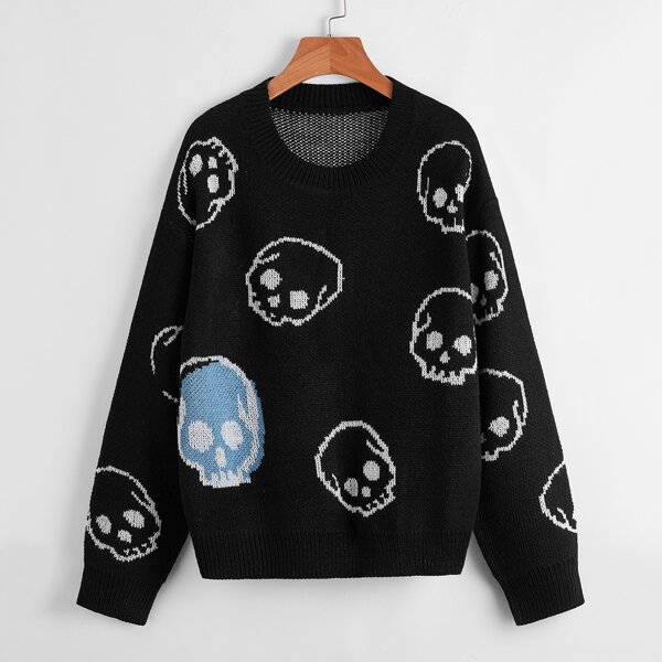 

Skeleton Pattern Drop Shoulder Sweater, Black