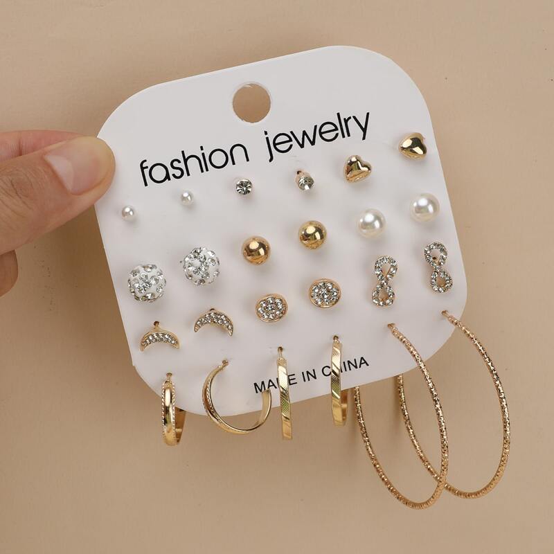 

12pairs Rhinestone Earrings, Gold