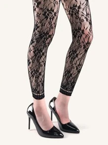 1双女士玫瑰图案短款渔网袜 - 黑色 - 查看 1