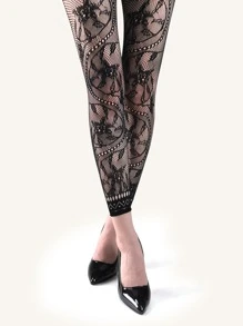 Medias de red con patrón de flores - Negro - Ver 1