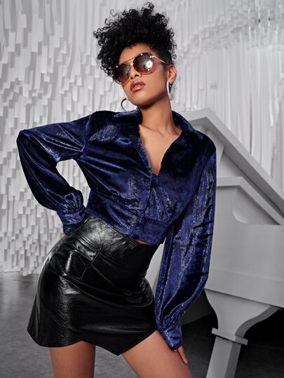 SHEIN Unity Bishop Sleeve Crop Sequins Shirt
