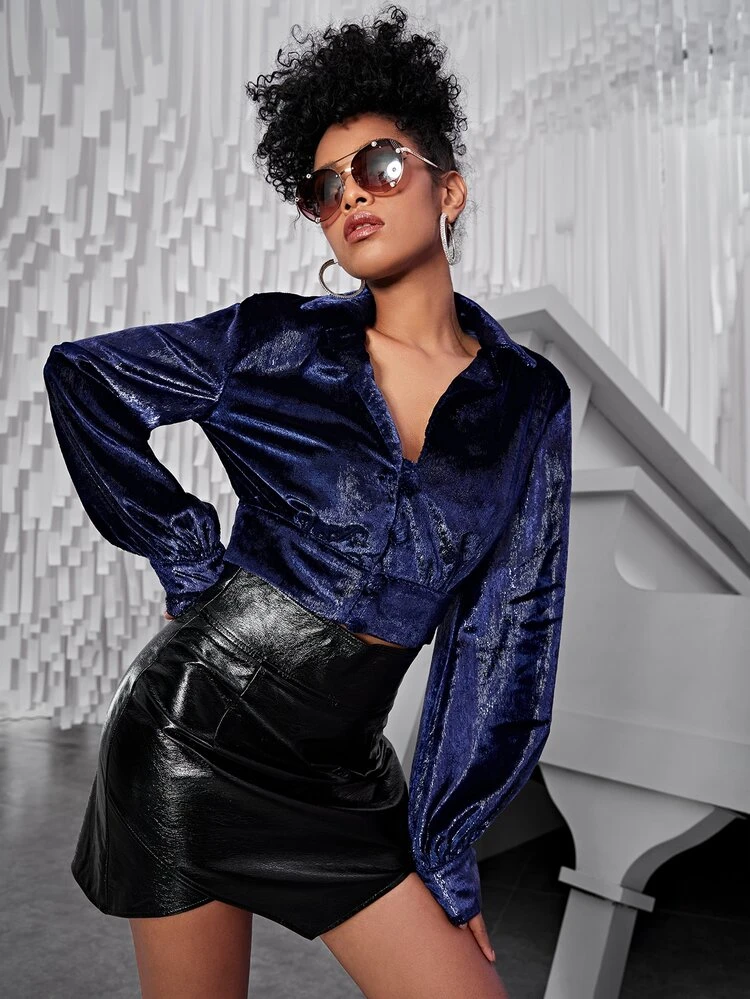 Bishop Sleeve Crop Sequins Shirt