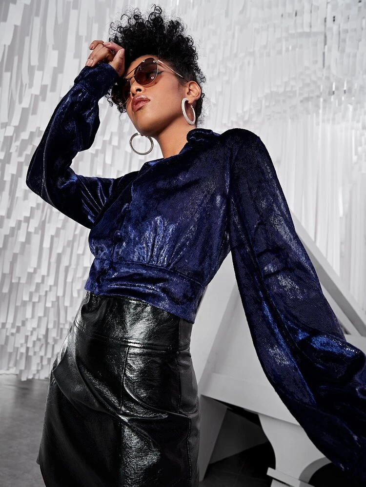 Bishop Sleeve Crop Sequins Shirt