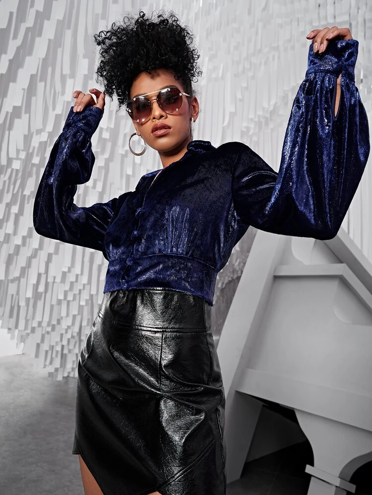 Bishop Sleeve Crop Sequins Shirt