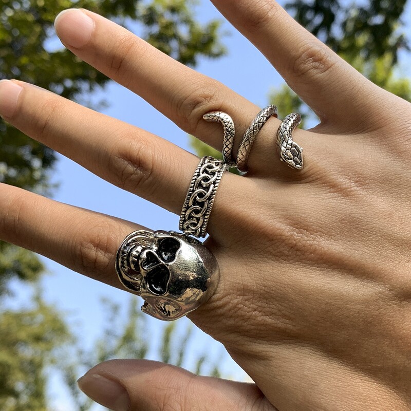 

Guys 3pcs Skull Decor Ring, Antique silver