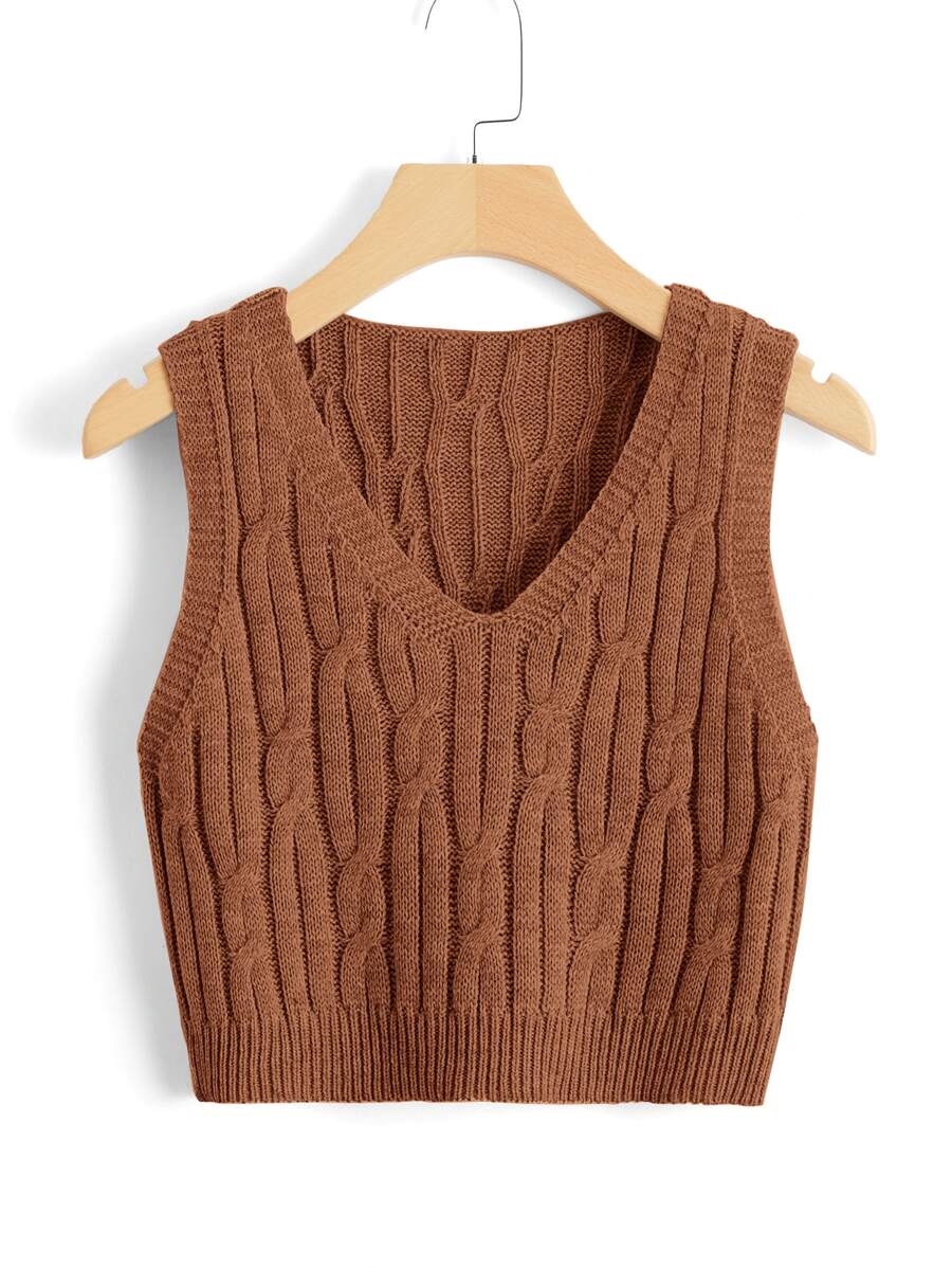 SHEIN Unity Cable Knit Sweater Vest - Brown - View 1