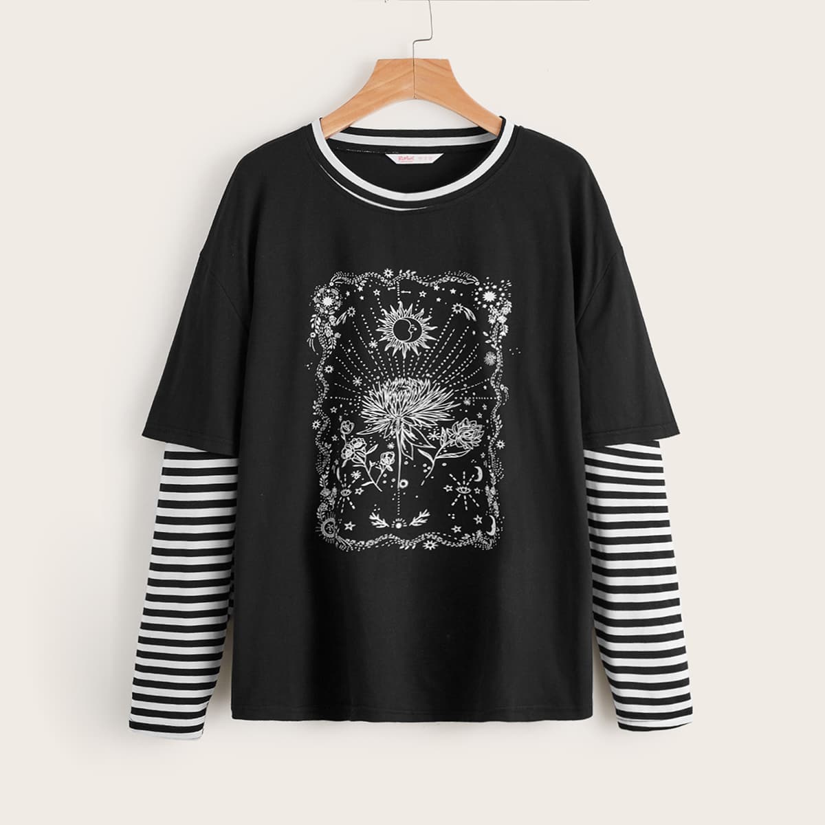 

2 In 1 Striped Sleeve Sun & Moon Floral Graphic Tee, Black and white