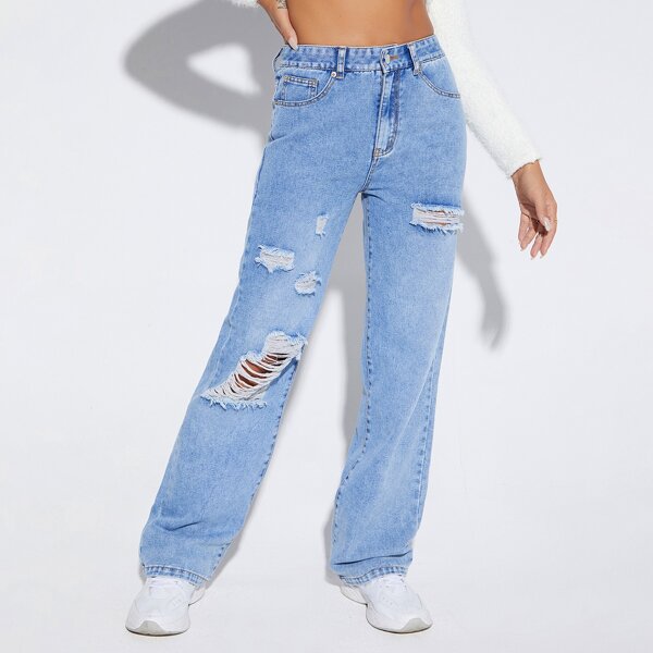 

Slant Pocket Ripped Straight Leg Jeans, Light wash