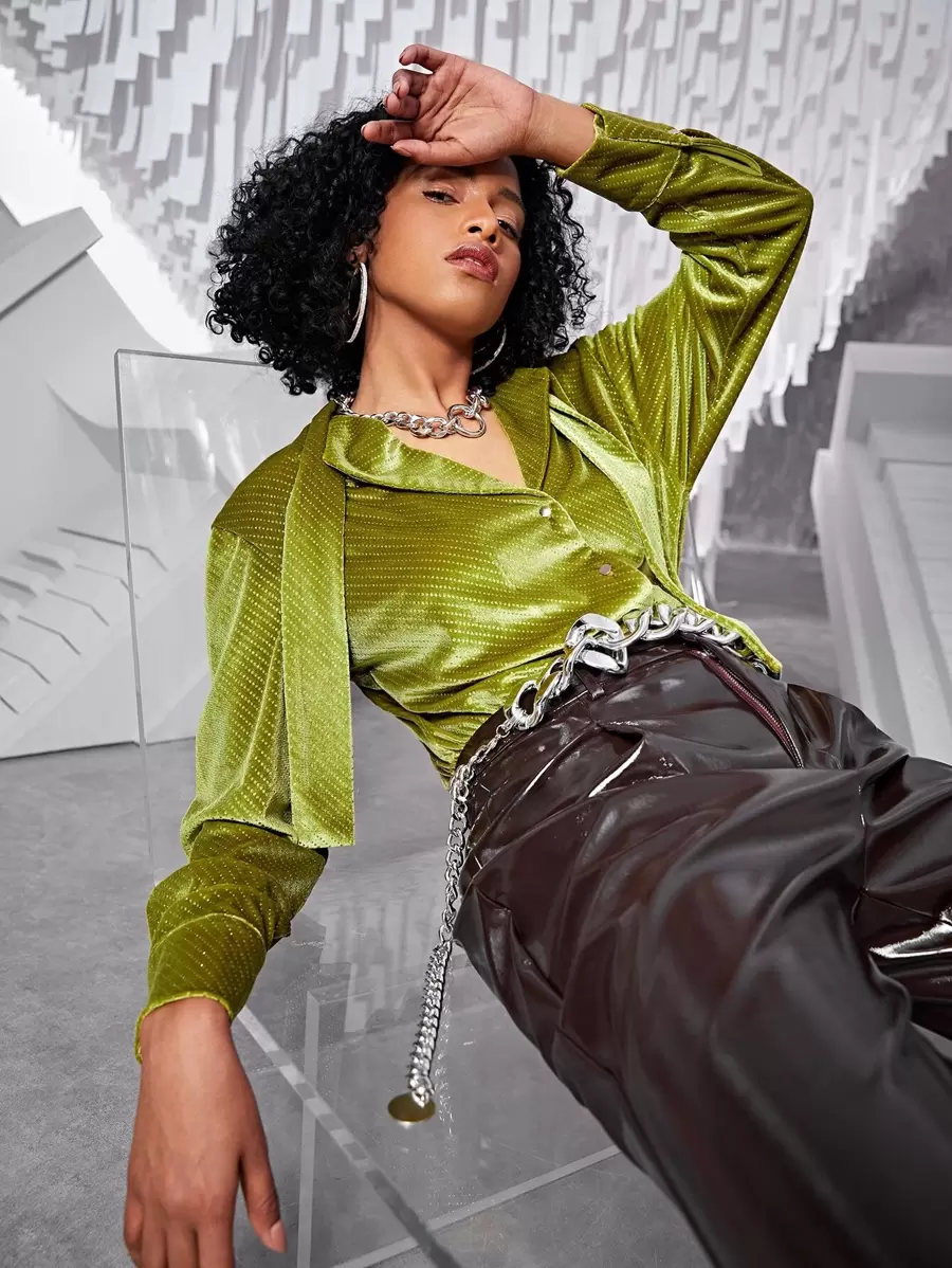 SHEIN BAE Solid Button Front Velvet Shirt - Olive Green - View 1