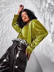 SHEIN BAE Solid Button Front Velvet Shirt - Olive Green - View 4