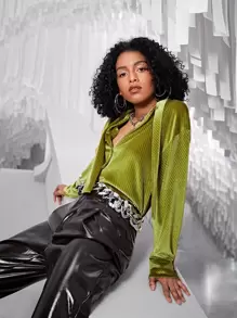 SHEIN BAE Solid Button Front Velvet Shirt - Olive Green - View 5