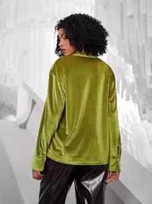 SHEIN BAE Solid Button Front Velvet Shirt - Olive Green - View 6