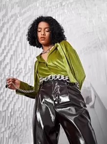 SHEIN BAE Solid Button Front Velvet Shirt - Olive Green - View 7