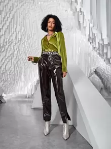 SHEIN BAE Solid Button Front Velvet Shirt - Olive Green - View 9