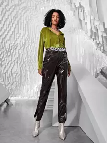 SHEIN BAE Solid Button Front Velvet Shirt - Olive Green - View 10