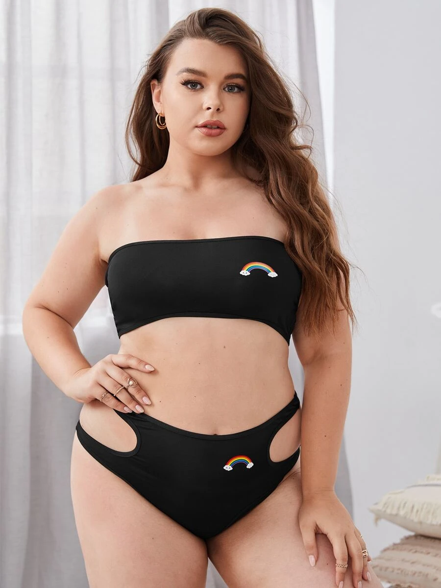 Plus Rainbow Detail Cut-out Bandeau Lingerie Set - Black - View 1
