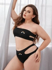 Plus Rainbow Detail Cut-out Bandeau Lingerie Set - Black - View 3