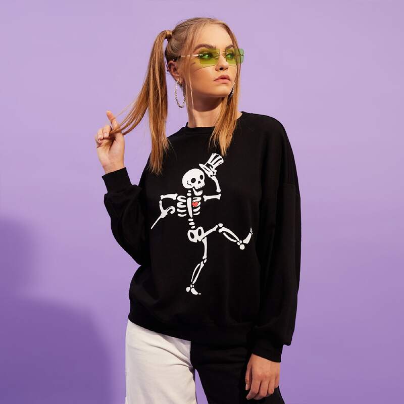 

Skeleton Print Drop Shoulder Pullover, Black