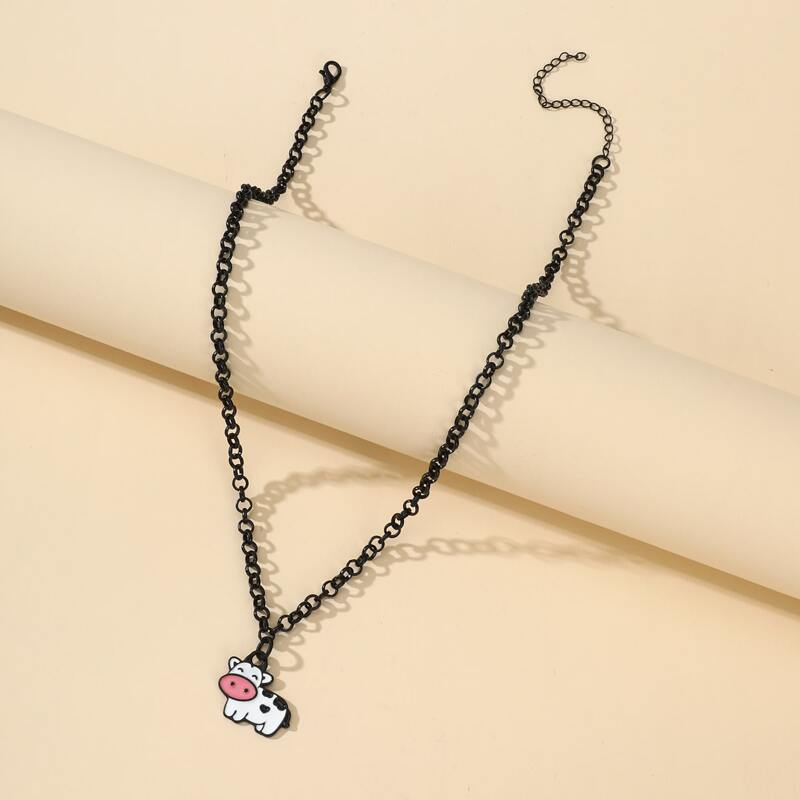 

Cartoon Cow Decor Chain Necklace, Black and white