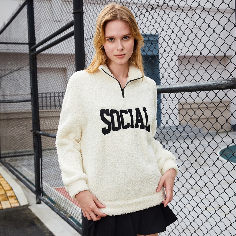 

Letter Embroidery Drop Shoulder Half Zip Teddy Pullover, Beige