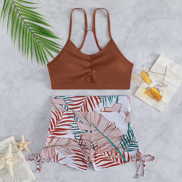 

Plan Tropical Print Shorts Bikini Swimsuit, Multicolor