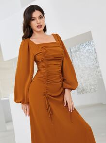 Modelyn 方領燈籠袖前抽繩連衣裙