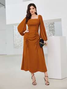 Modelyn 方領燈籠袖前抽繩連衣裙