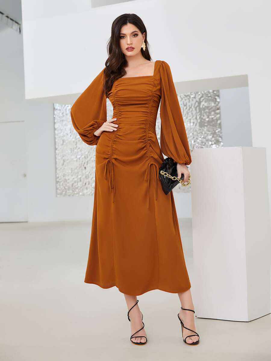 Modelyn 方領燈籠袖前抽繩連衣裙