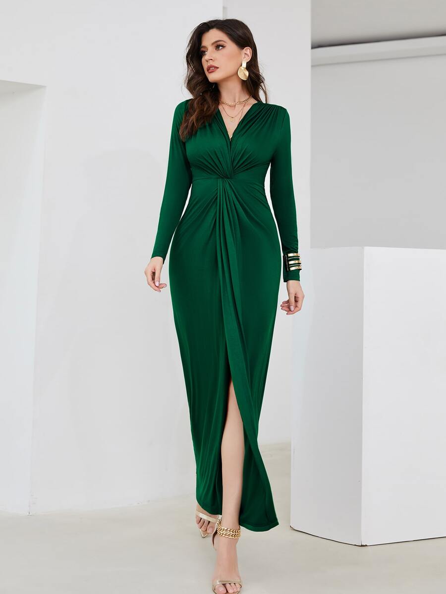 Modelyn Solid Twist Front Longline Dress - Green - View 1