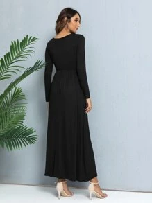 DEARCASE 纯色圆领长袖隐形口袋 A 字连衣裙