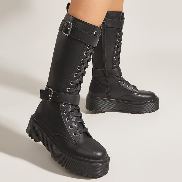 

Buckle Detail Lace Up Design Side Zipper Boots, Black