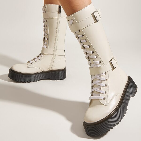 

Buckle Detail Lace Up Design Side Zipper Boots, White