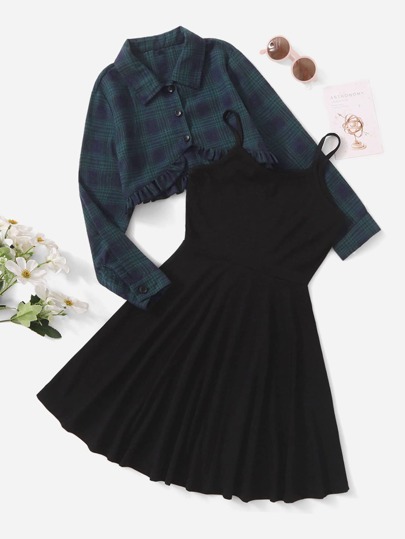 Girls Plaid Print Frill Hem Blouse & Cami Dress