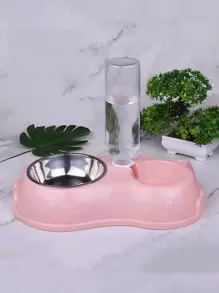 1pc Pet Bowl With Drinking Bottle - Baby Pink - View 1