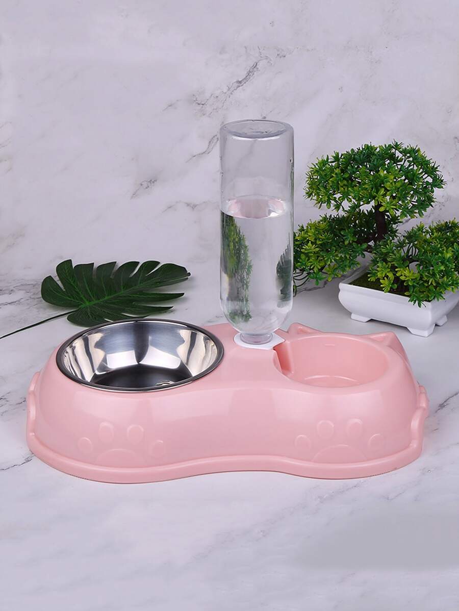 1pc Pet Bowl With Drinking Bottle - Baby Pink - View 1