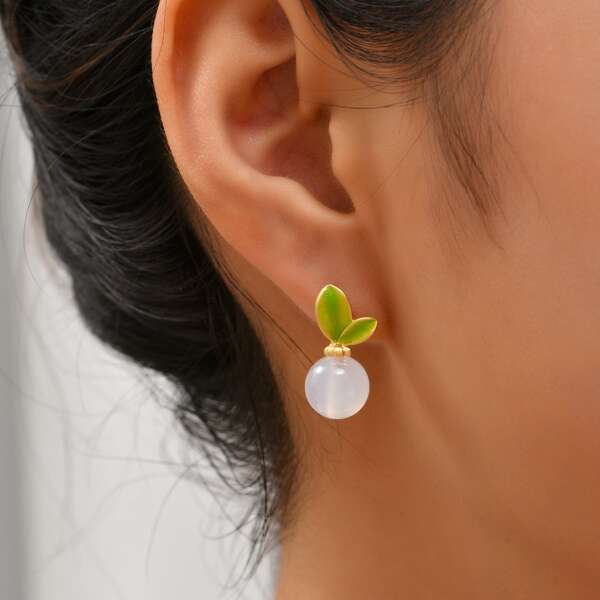 

18K Gold Plated Round Ball Decor Drop Earrings, Green
